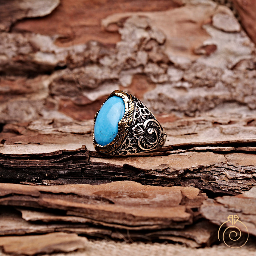 Turquoise Stone Silver Men's Ring-Sterling Silver Jewelry
