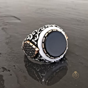 Onyx Opal Gemstone Hand Engrave Men's Ring