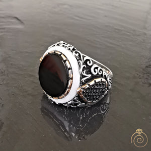 Onyx Opal Gemstone Hand Engrave Men's Ring