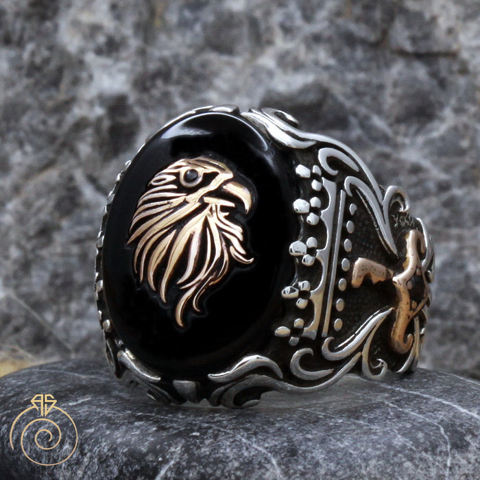 Onyx Eagle Head Silver Men’s Ring