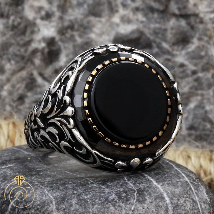 Onyx Round Silver Men's Ring