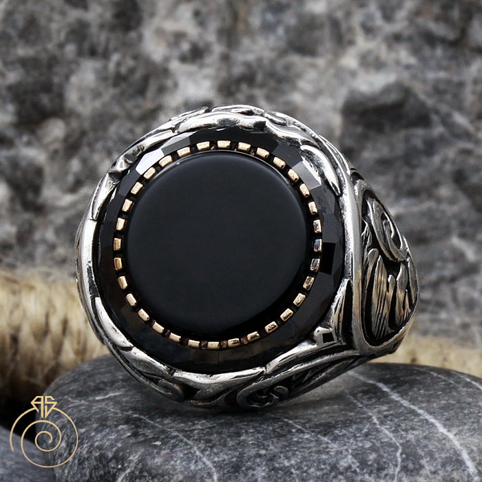 Onyx Round Silver Men's Ring