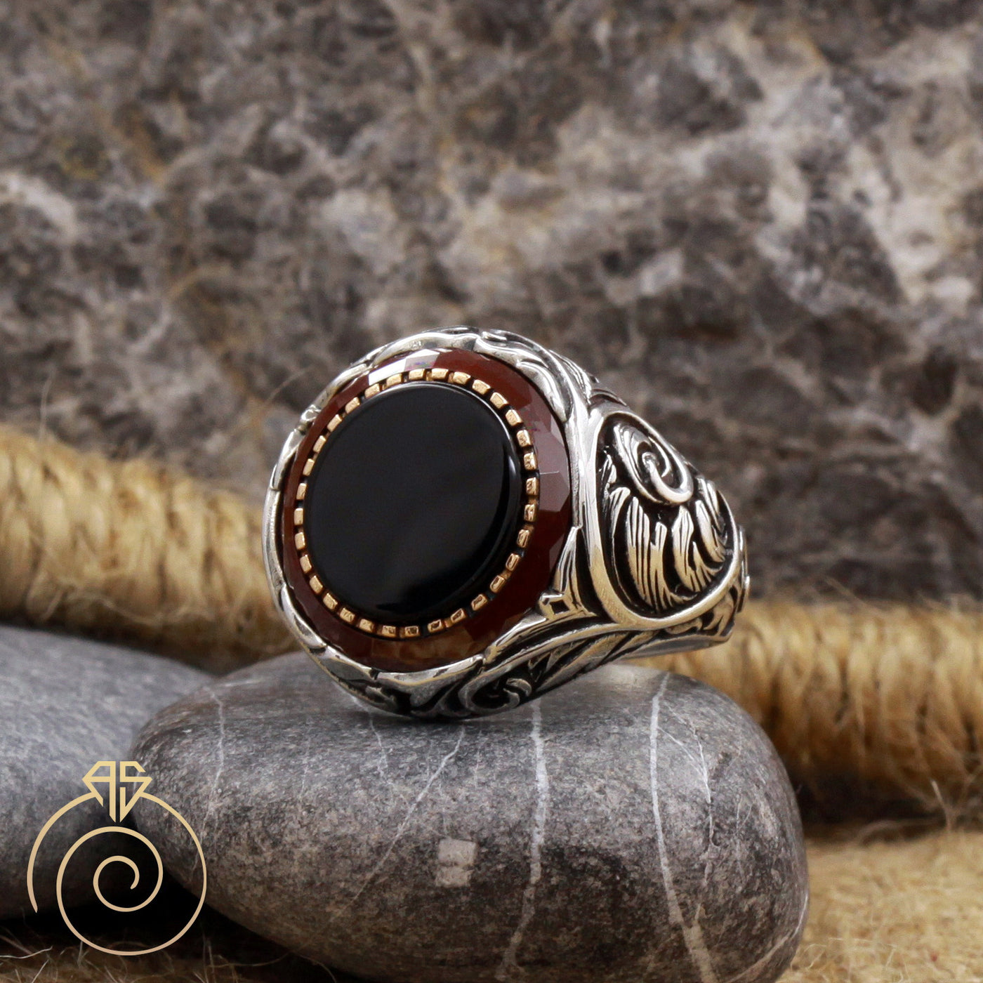 Onyx Black Silver Men s Ring Floral Cocktail Custom Carved Alternative AGARTA