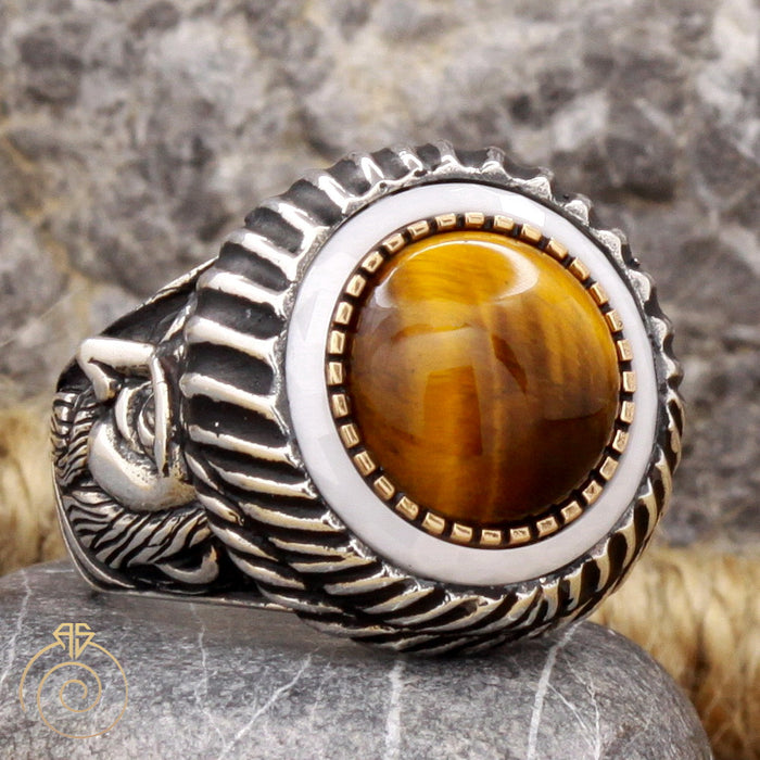 Tiger Eye Stone Emperor Face Ring